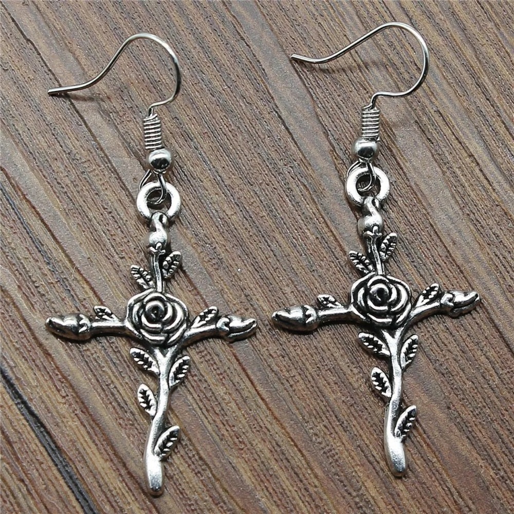 Rose Entwined Silver Cross Earrings NWT